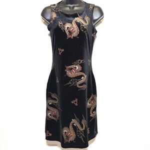 VTG 90s Whimsigoth Rave City Mini Dress Dragon Print Velvet Small Black